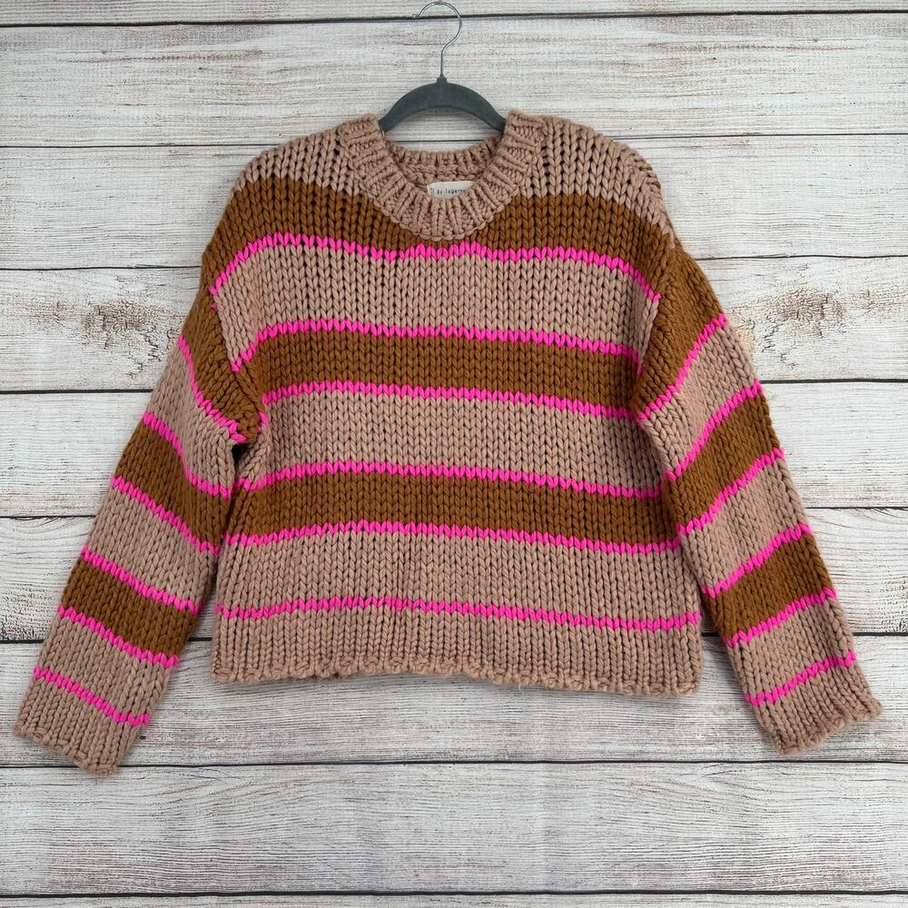 By Together Striped Chunky Knit Crewneck Sweater Womens‎ Small Beige Brown Pink